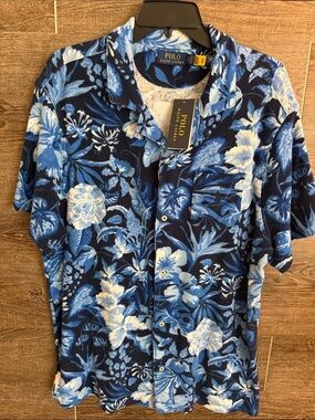 Polo by Ralph Lauren Navy and Light Blue Tropical Floral Terry Cloth Camp Shirt